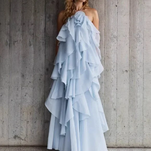Ethereal Blue Cascading Ruffle Halter Maxi Gown - Picture 1 of 4